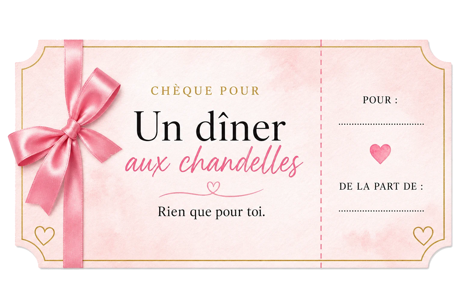 Chèque dîner aux chandelles, rose et or