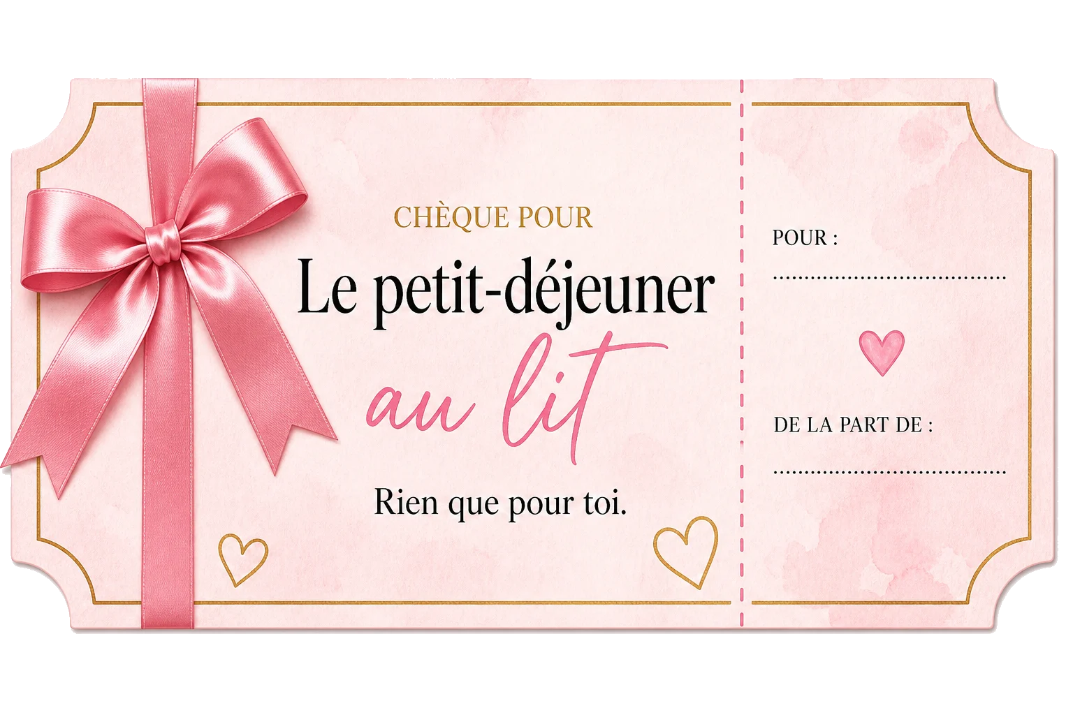 Chèque petit-déjeuner au lit, rose et or
