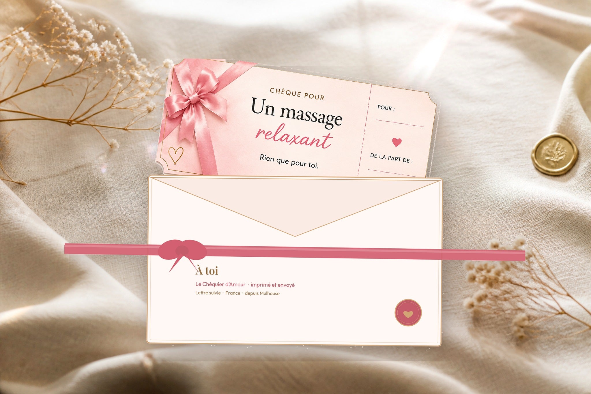 Chéquier d’amour imprimé À toi — chèque Un massage relaxant, enveloppe rose, 34,90 €