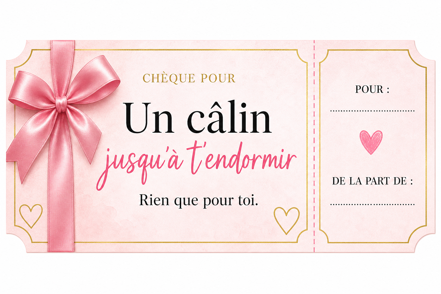 Chèque d’amour imprimable — un câlin jusqu’à t’endormir