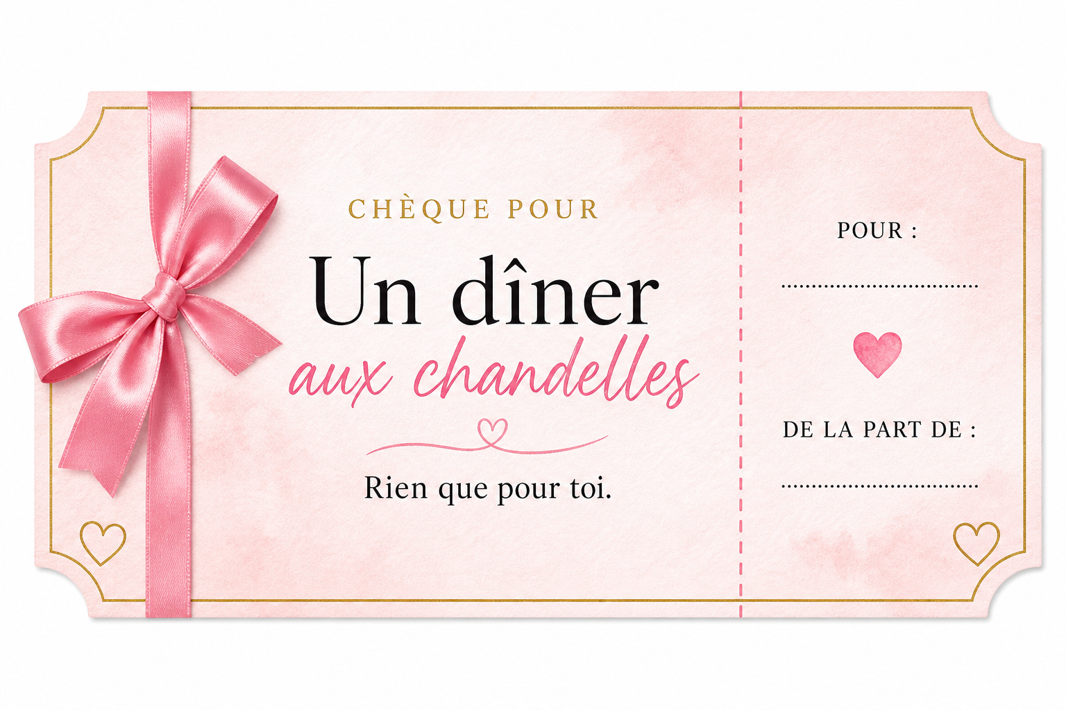 Chèque d’amour imprimable — un dîner aux chandelles, visuel rose et or À toi