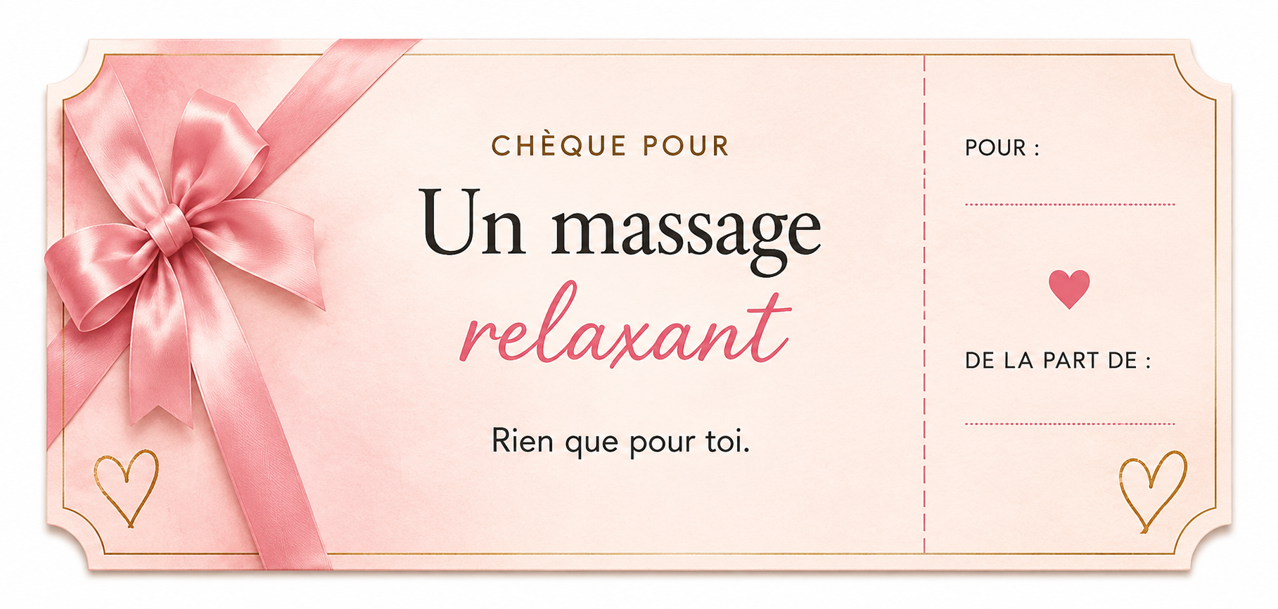 Chèque d’amour imprimable — un massage tout en lenteur, visuel rose et or À toi