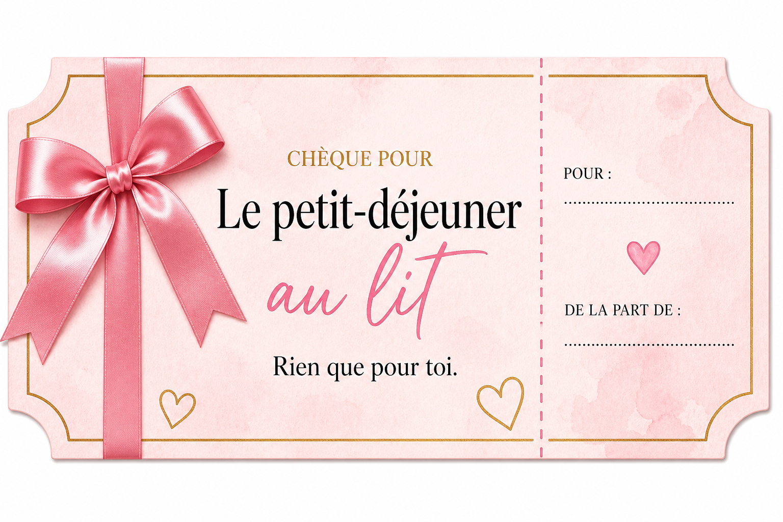 Chèque d’amour imprimable — le petit-déjeuner au lit, visuel rose et or À toi