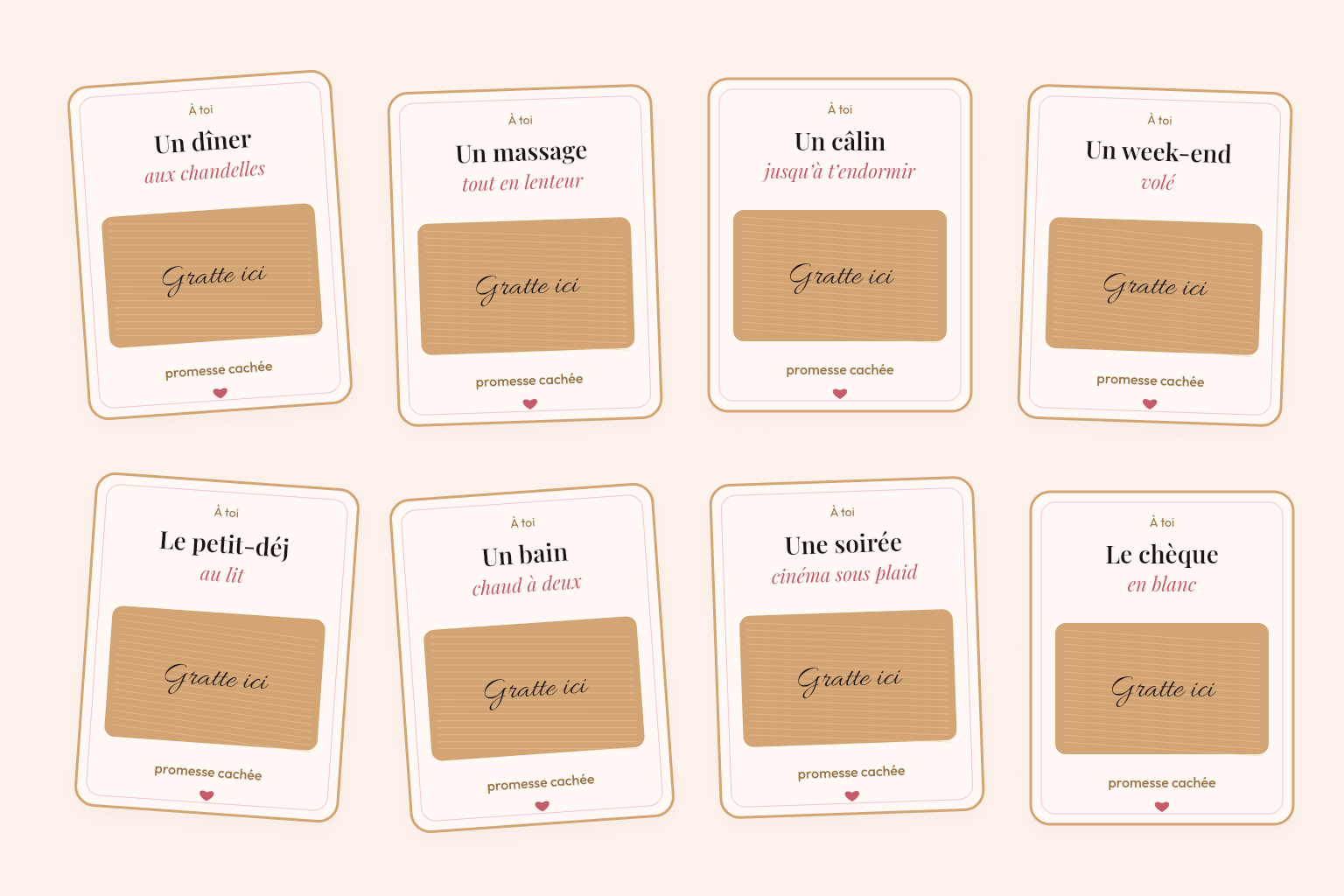 Huit cartes à gratter d’amour À toi, zone or « Gratte ici », visuel rose et crème
