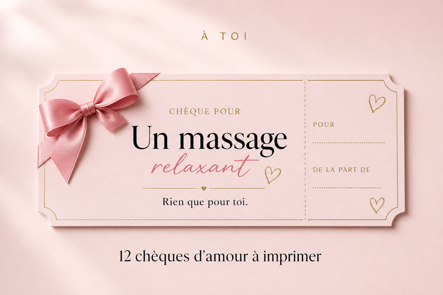 Couverture du chéquier d’amour PDF imprimable À toi, rose et or avec ruban